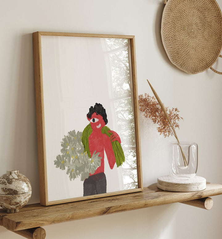 Kids Around Flowers As I Imagined By Shreya Roy Chowdary, Indian Art Paintings Artwork in Oak Wood Plain Frame placed above a Shelf near a Cream Colored Wall