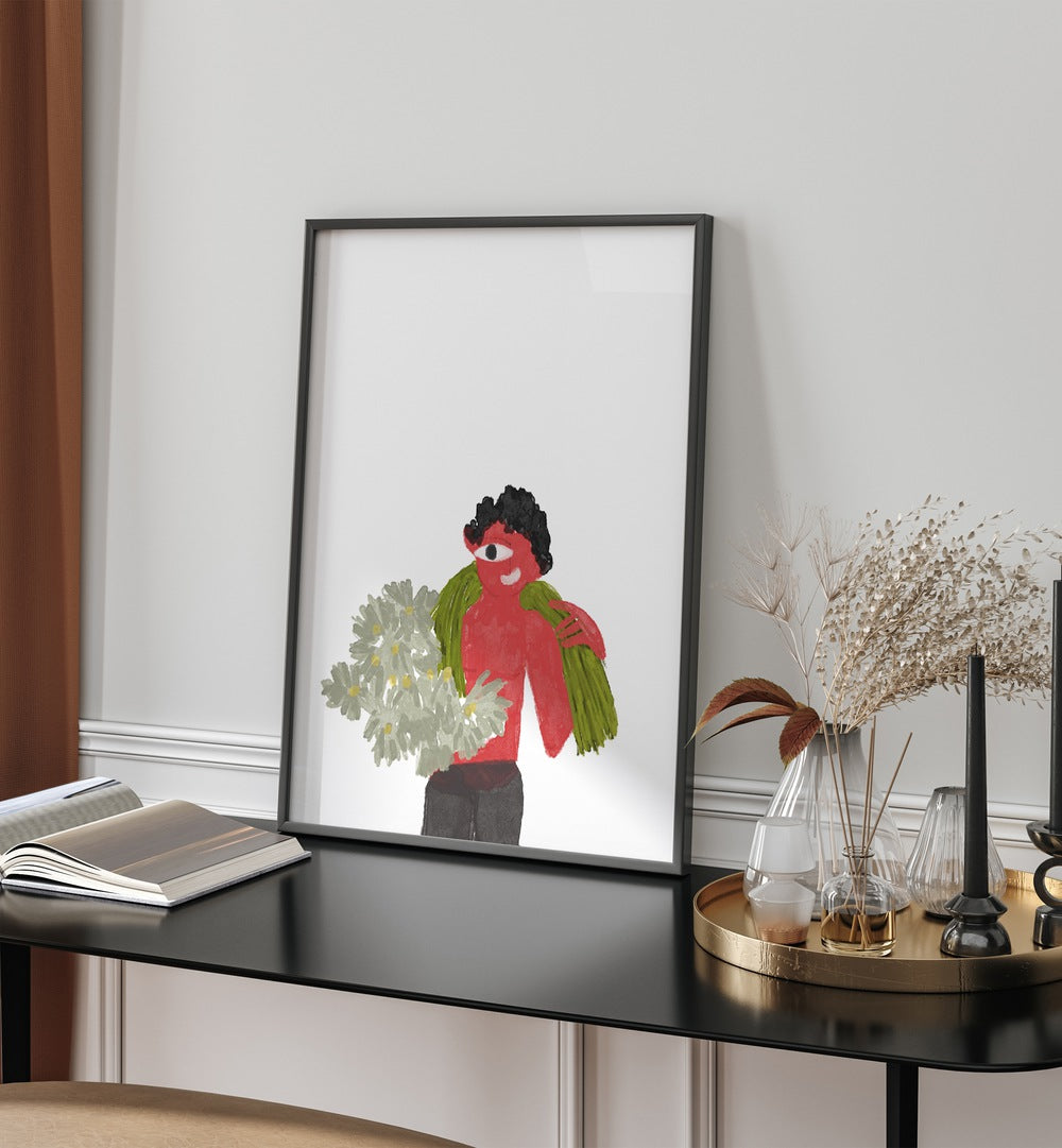 Kids Around Flowers As I Imagined By Shreya Roy Chowdary, Indian Art Paintings Artwork in Black Plain Frame placed above a Shelf near a White Colored Wall