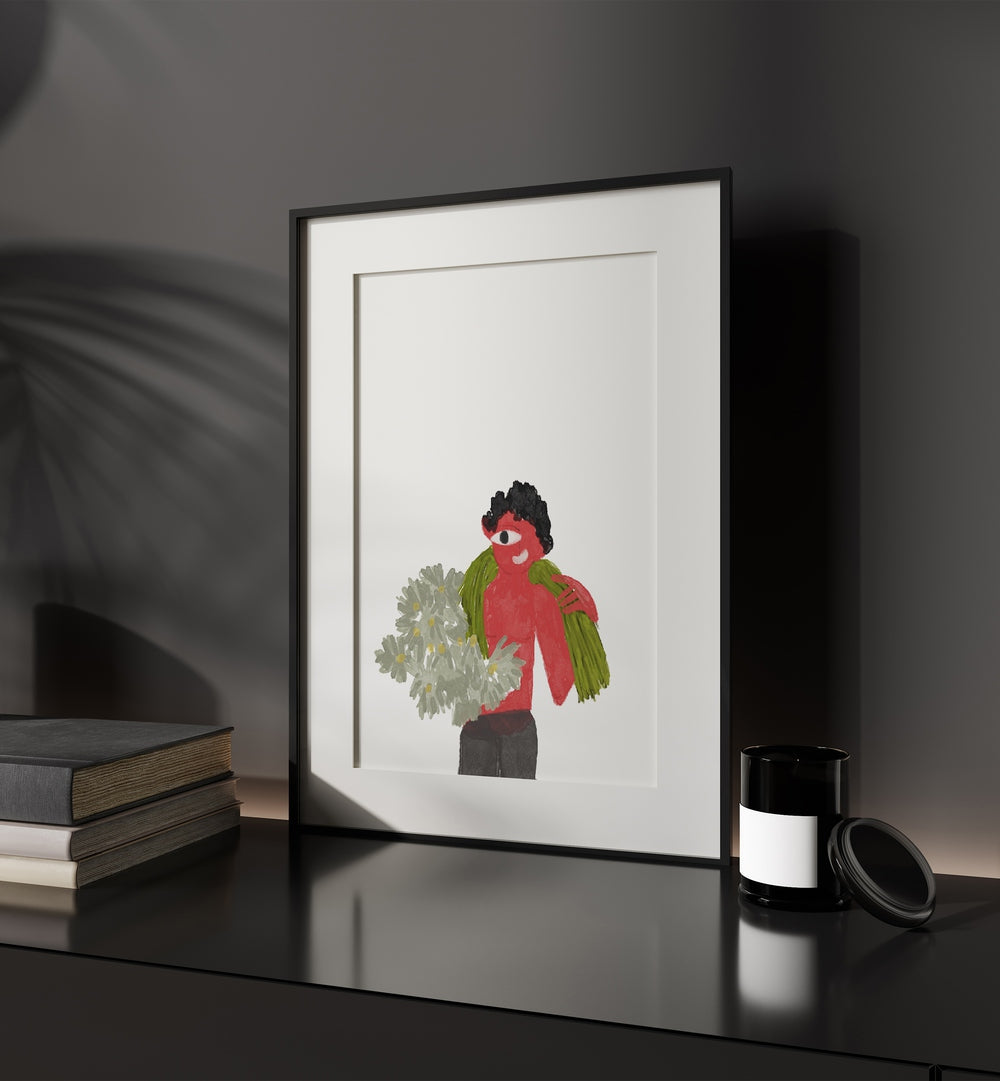 Kids Around Flowers As I Imagined By Shreya Roy Chowdary, Indian Art Paintings Artwork in Black Frame With Mount placed on a Shelf near a Dark Grey Colored Wall