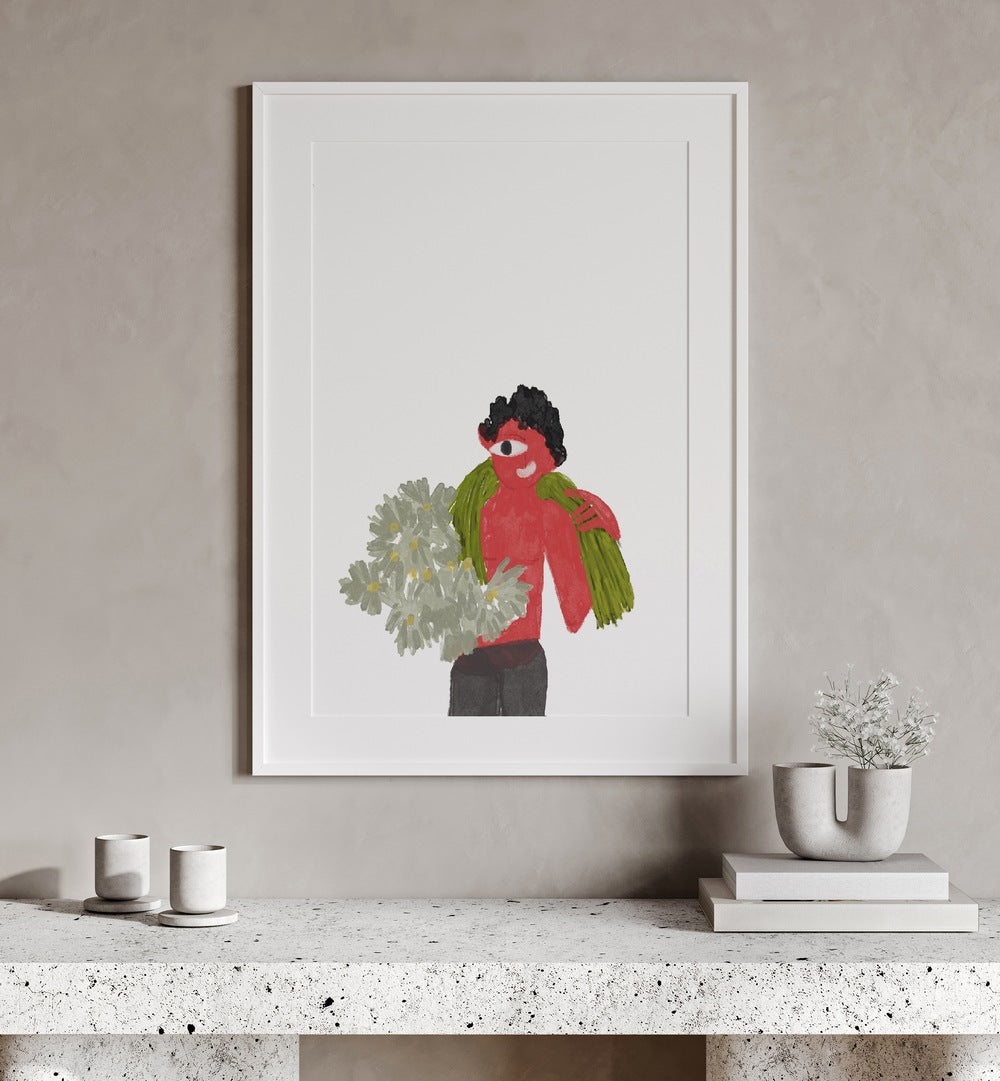 Kids Around Flowers As I Imagined By Shreya Roy Chowdary, Indian Art Paintings Artwork in White Frame With Mount placed on a Beige Colored Wall above a Console Table in the Drawing Room