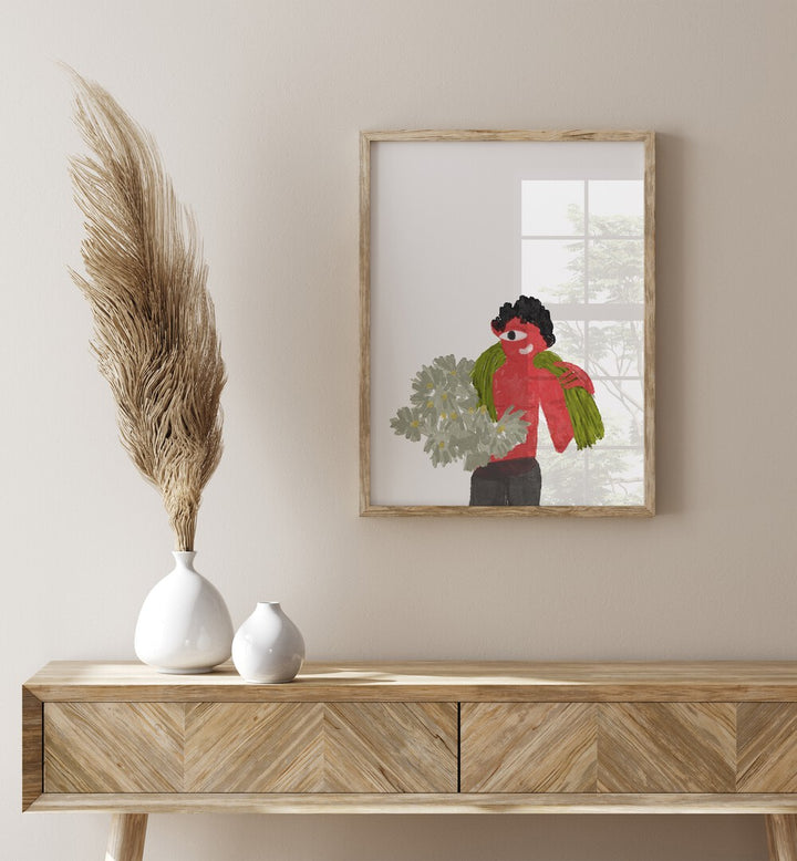 Kids Around Flowers As I Imagined By Shreya Roy Chowdary, Indian Art Paintings Artwork in Oak Wood Plain Frame placed on a Beige Colored Wall above a Console Table in the Drawing Room