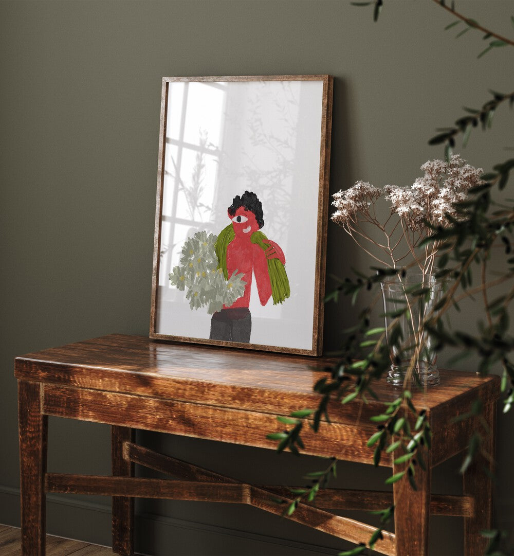 Kids Around Flowers As I Imagined By Shreya Roy Chowdary, Indian Art Paintings Artwork in Dark Wood Plain Frame placed on a Table near a Green Colored Wall