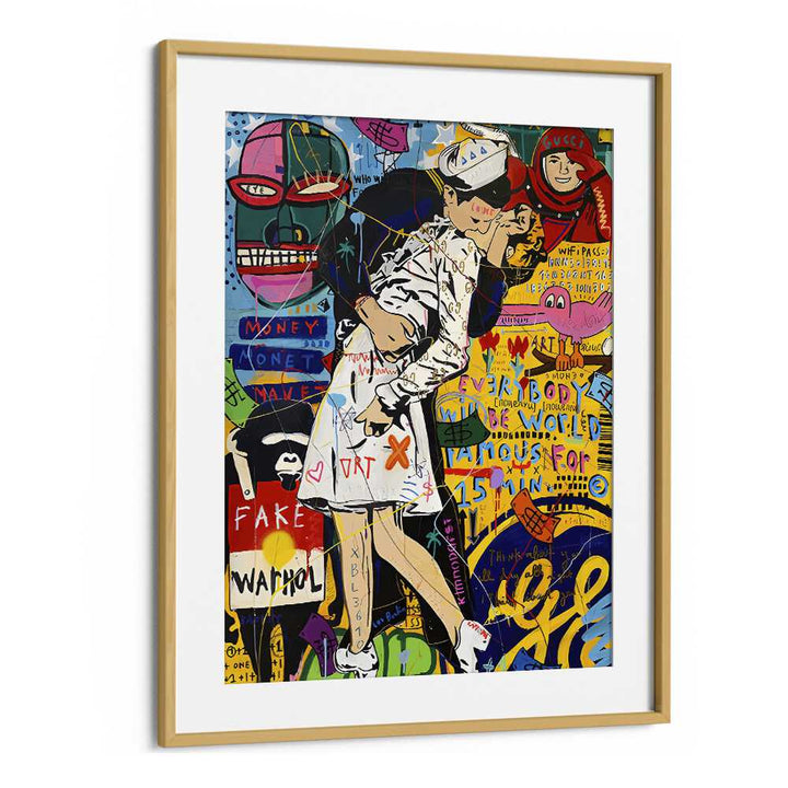 Kissing Warhol Pop Artwork in Oak Wood Frame With Mount