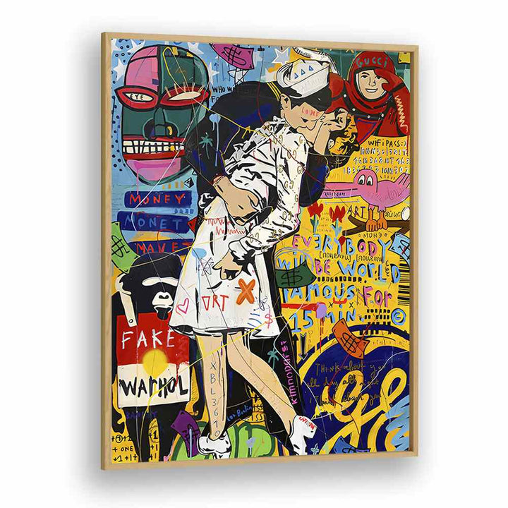 Kissing Warhol Pop Artwork in Oak Wood Plain Frame