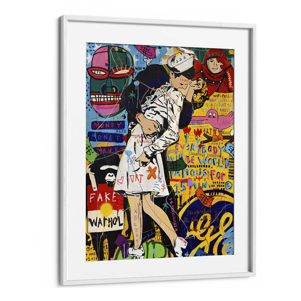 Kissing Warhol Pop Artwork in White Frame With Mount