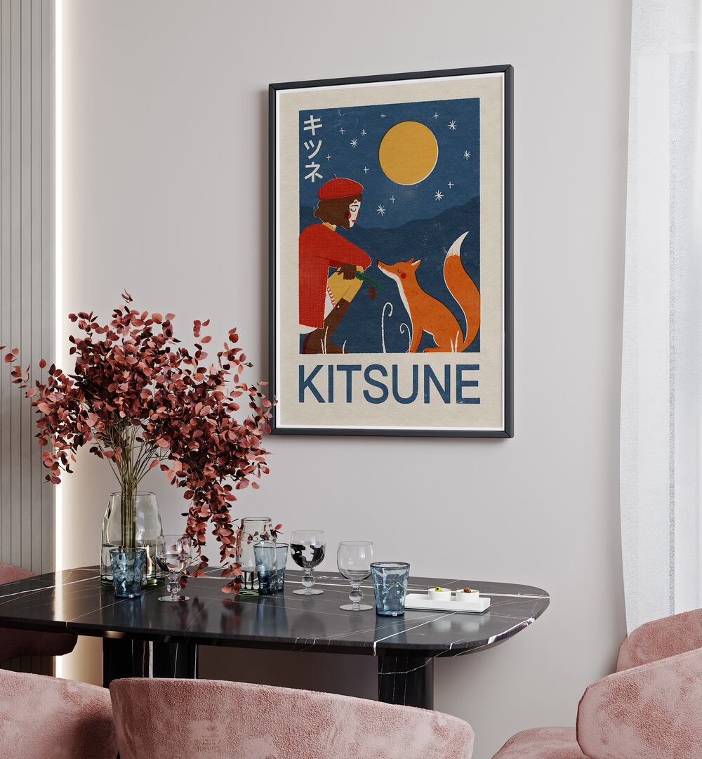 Kitsune Fox By Julia Leister Japanese Art Artwork in Black Plain Frame placed on a White Wall near a Black Dining Table in the Dining Room