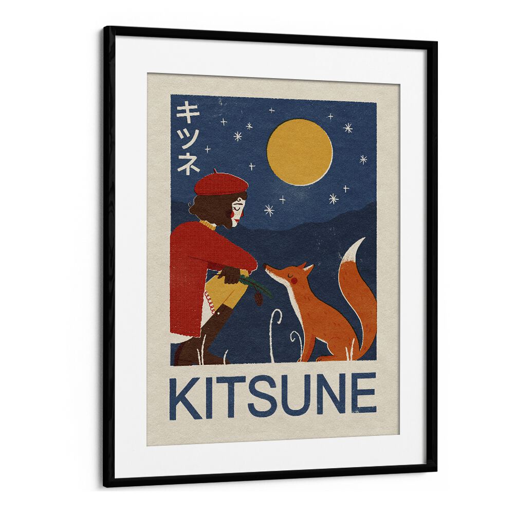 Kitsune Fox By Julia Leister Japanese Art Artwork in Black Frame With Mount
