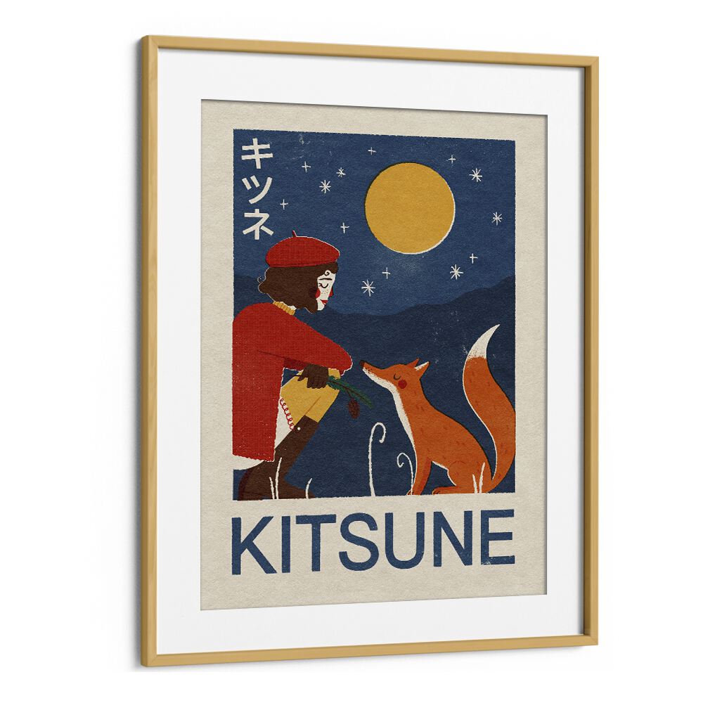 Kitsune Fox By Julia Leister Japanese Art Artwork in Oak Wood Frame With Mount
