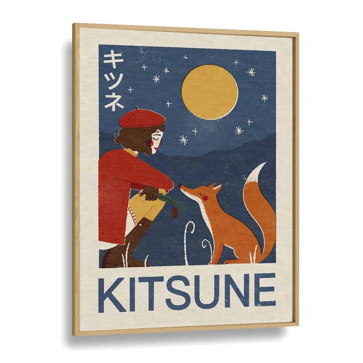 Kitsune Fox By Julia Leister Japanese Art Artwork in Oak Wood Plain Frame