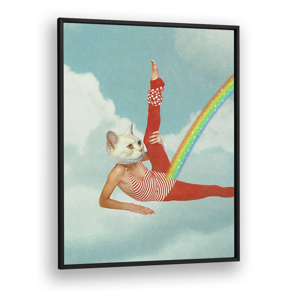 Kitty Cats Rainbow Surreal art Artwork in Black Plain Frame
