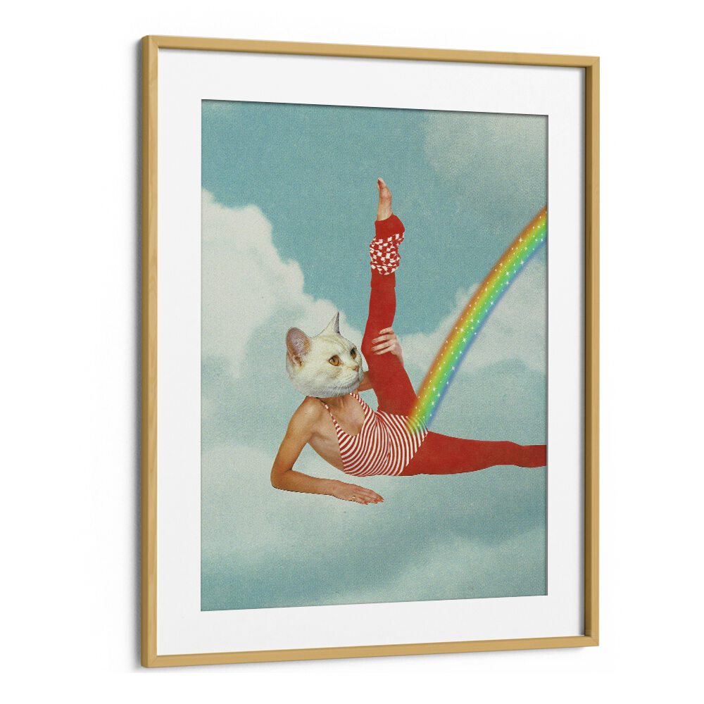 Kitty Cats Rainbow Surreal Art Artwork in Oak Wood Frame With Mount
