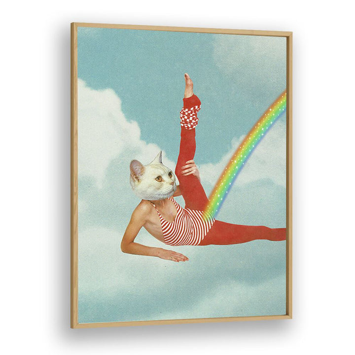 Kitty Cats Rainbow Surreal Art Artwork in Oak Wood Plain Frame
