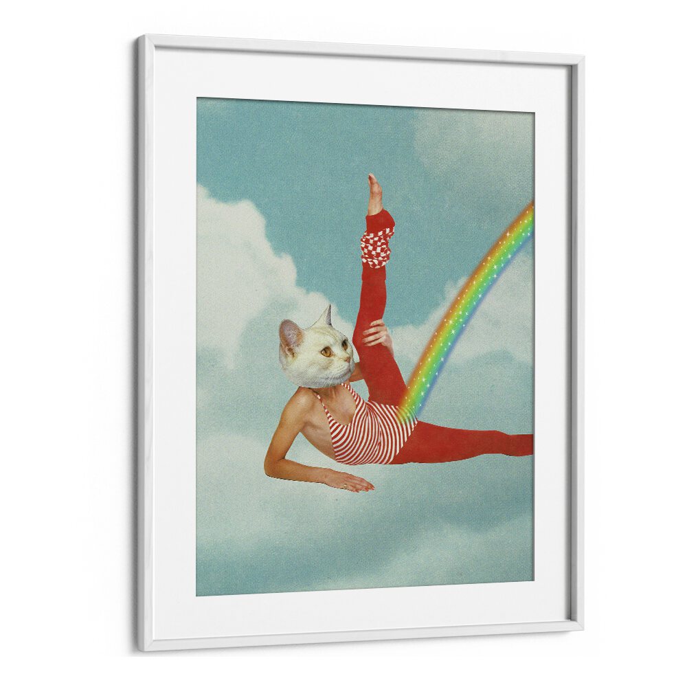 Kitty Cats Rainbow Surreal Art Artwork in White Frame With Mount