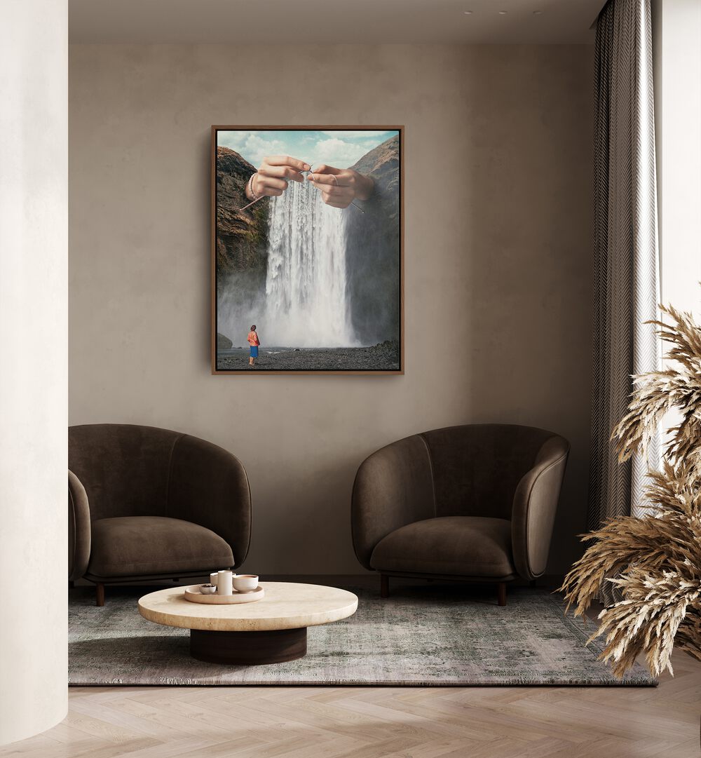 Knitted Waterfall Crochet Surreal Art Painting Artwork in oakwood floater frame behind two brown sofa on a beige wall