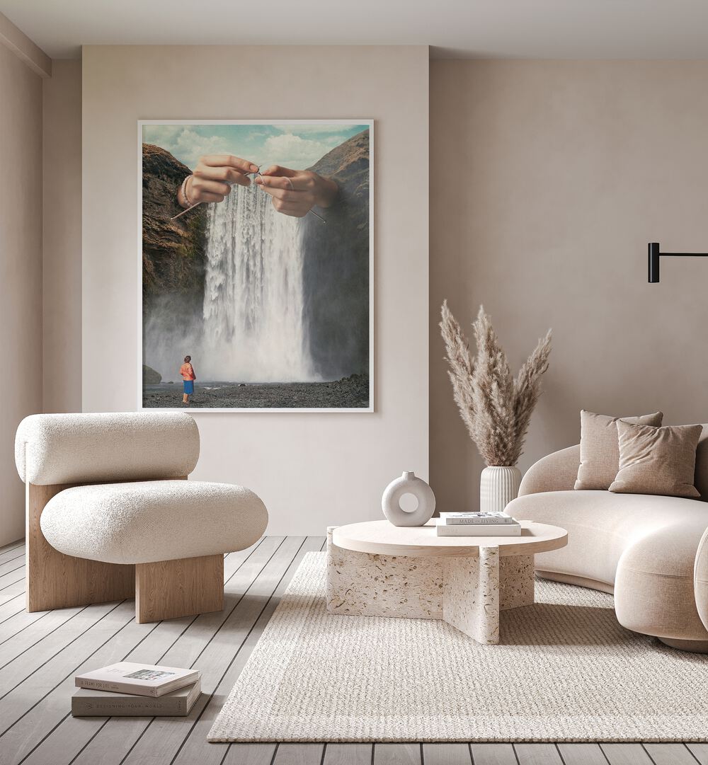 Knitted Waterfall Crochet Surreal Art Painting Artwork in plain white frame on a beige wall behind a sofa