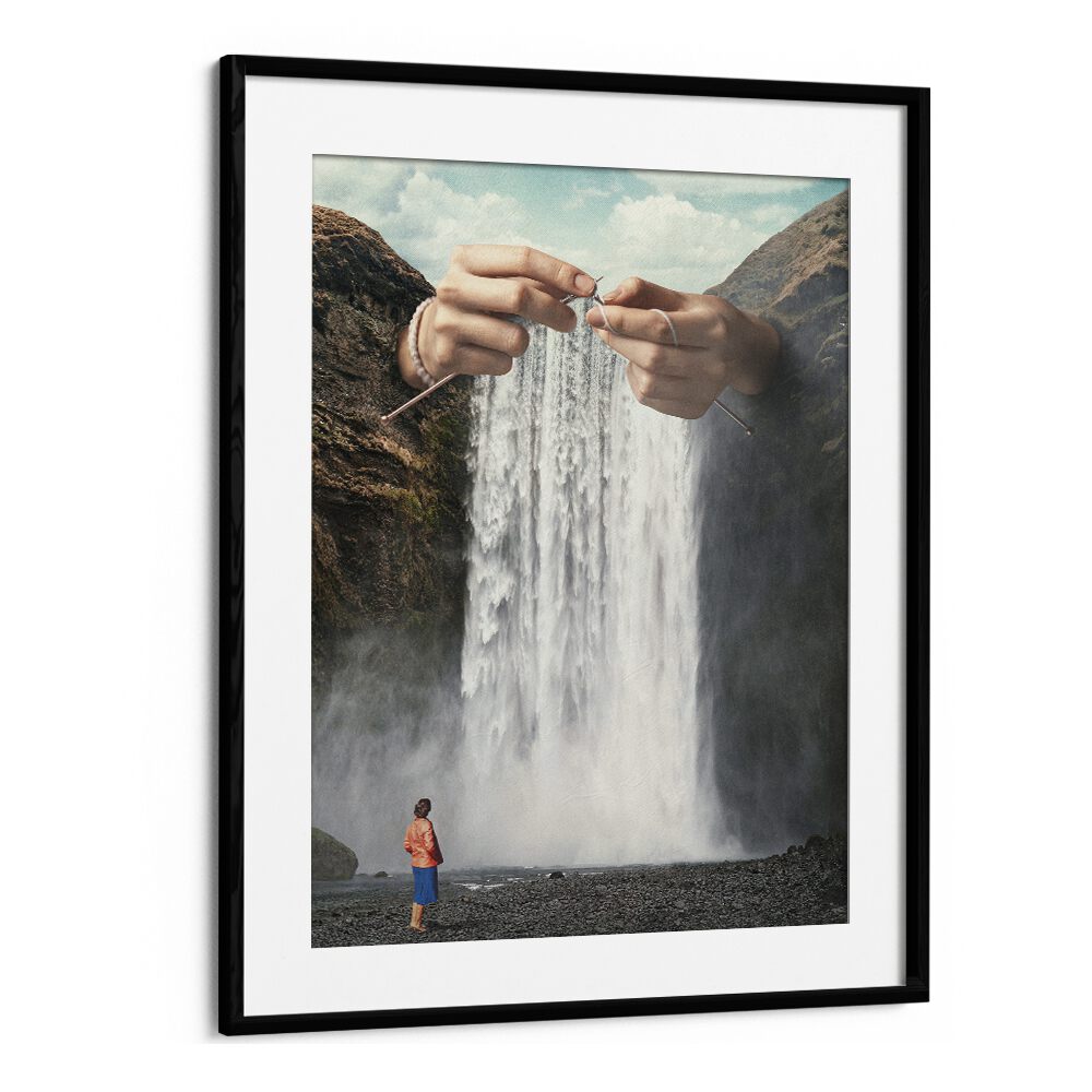 Knitted Waterfall Crochet Surreal Art Artwork in Black Frame With Mount
