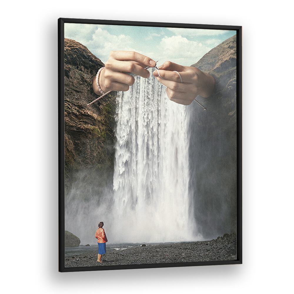 Knitted Waterfall Crochet Surreal art Artwork in Black Plain Frame
