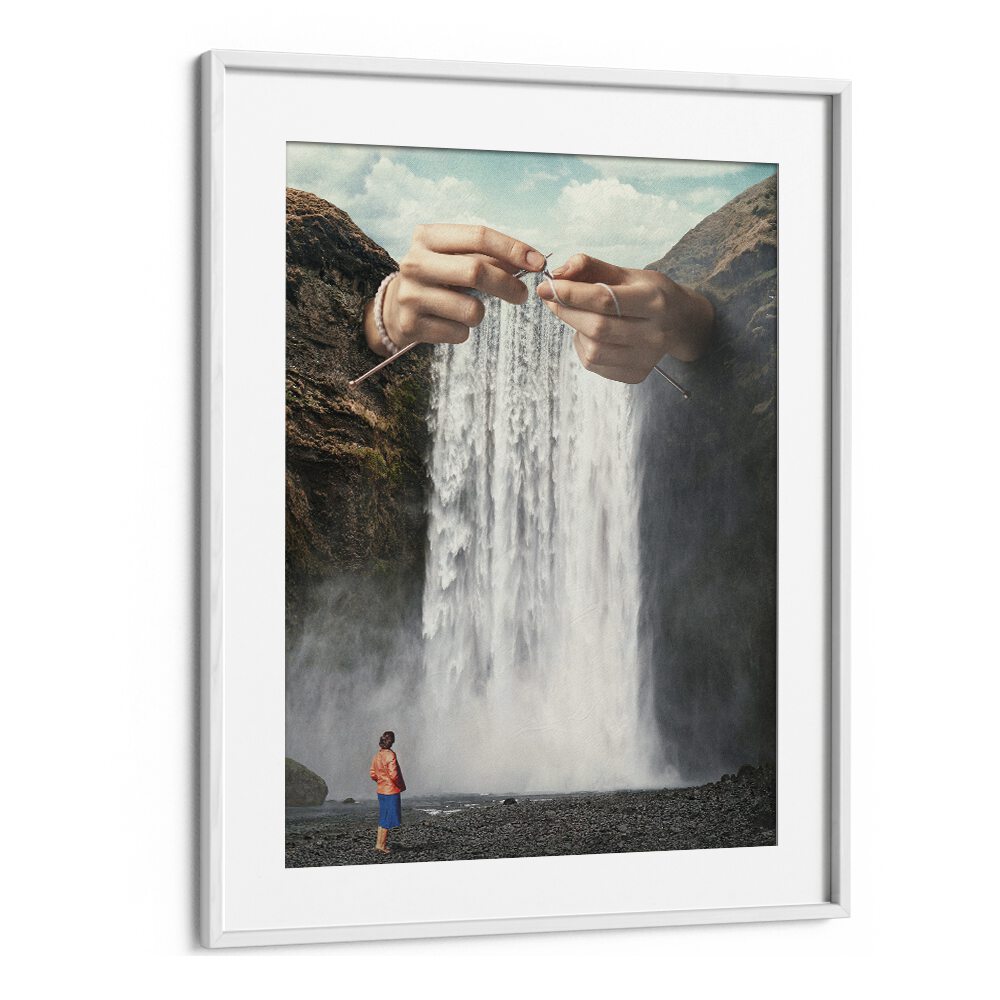 Knitted Waterfall Crochet Surreal Art Artwork in White Frame With Mount