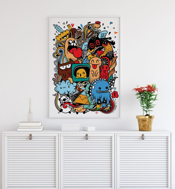 Kooky Krinkles Comic Art Artwork in White Plain Frame placed on a White Wall Above a White Console Table