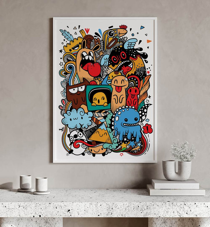 Kooky Krinkles Comic Art Artwork in White Plain Frame placed on a Beige Wall Above a Marble Console Table