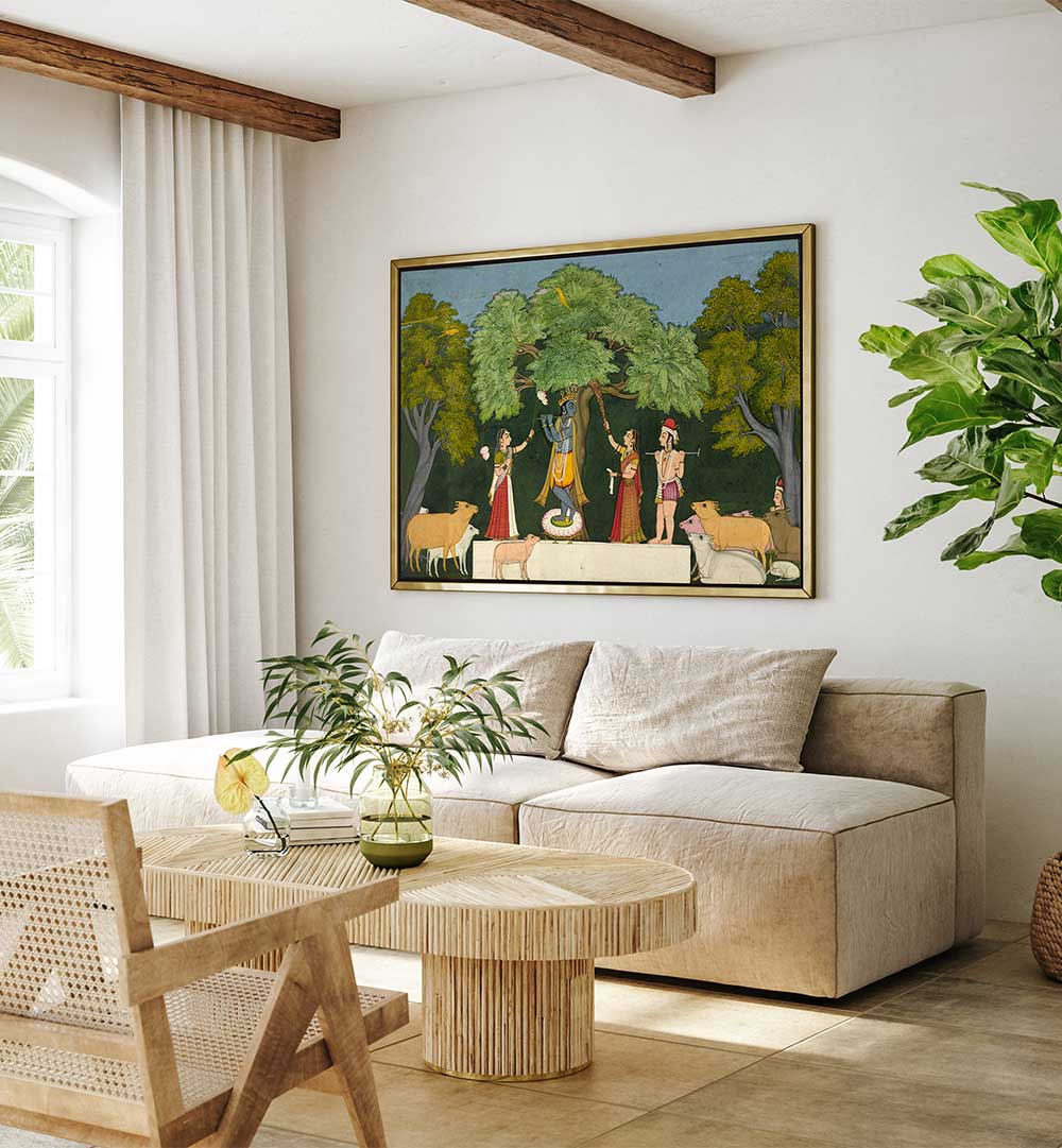 KRISHNA ENTERTAINS HIS COMPANIONS , INDIAN ART PAINTINGS