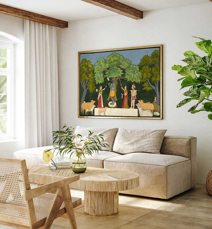 KRISHNA ENTERTAINS HIS COMPANIONS , INDIAN ART PAINTINGS