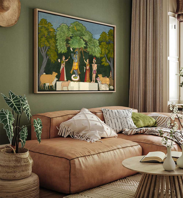 KRISHNA ENTERTAINS HIS COMPANIONS , INDIAN ART PAINTINGS