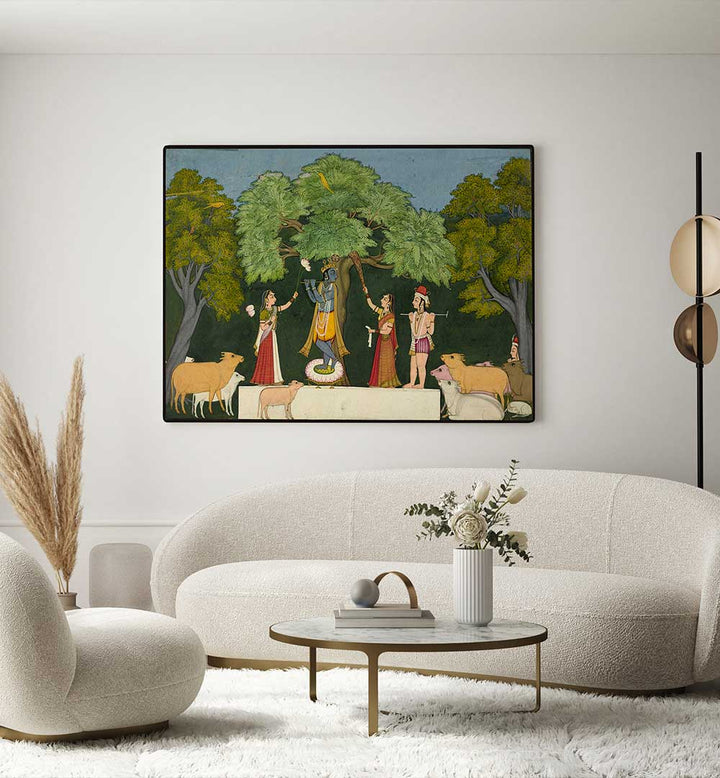 KRISHNA ENTERTAINS HIS COMPANIONS , INDIAN ART PAINTINGS