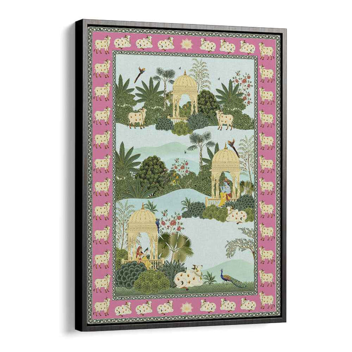 Krishna Leela Gopi Krishna And Holy Cow Indian art painting Artwork in Black Floater Frame