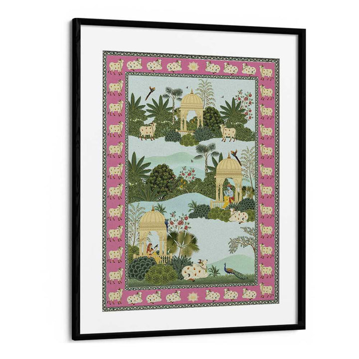 Krishna Leela Gopi Krishna And Holy Cow Indian art painting Artwork in Black Frame With Mount