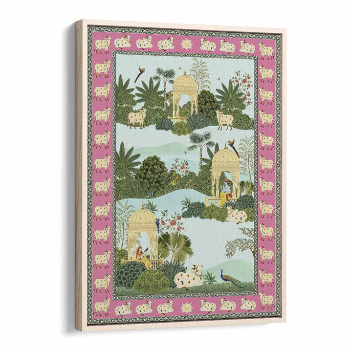 Krishna Leela Gopi Krishna And Holy Cow Indian art painting Artwork in Oak Wood Floater Frame