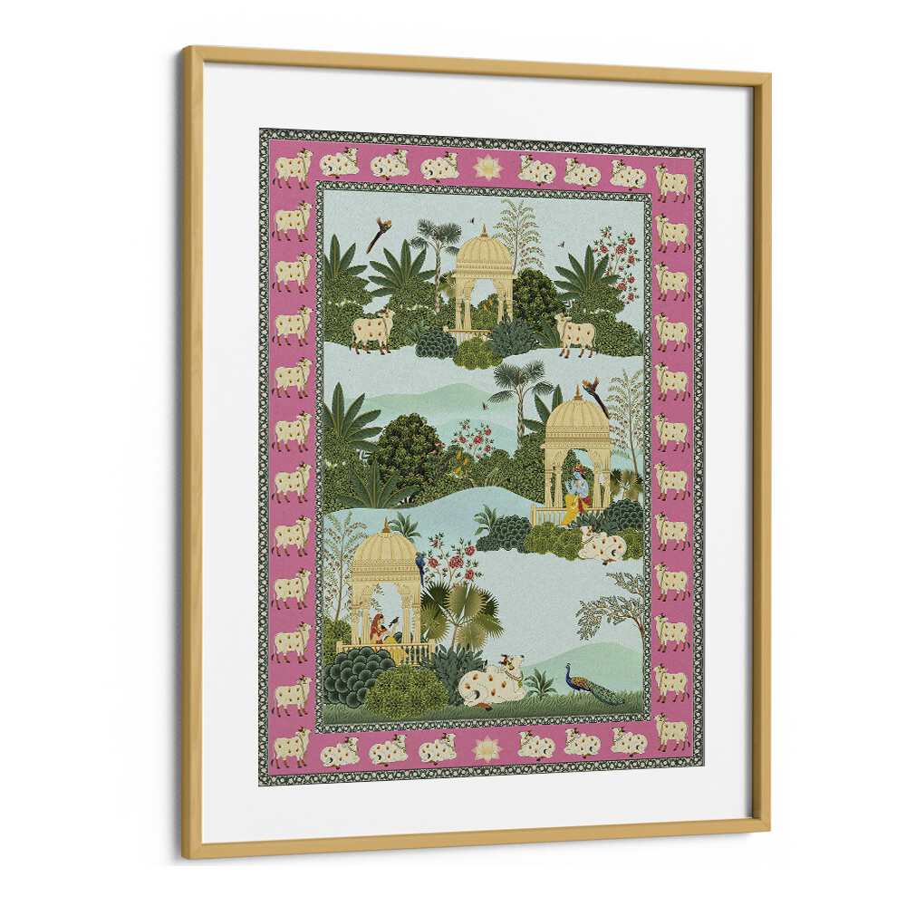 Krishna Leela Gopi Krishna And Holy Cow Indian art painting Artwork in Oak Wood Frame With Mount