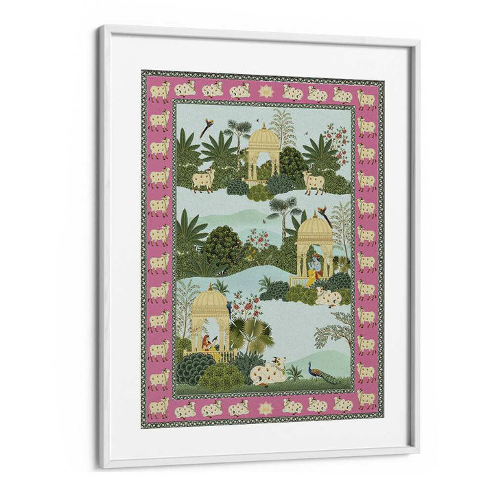 Krishna Leela Gopi Krishna And Holy Cow Indian art painting Artwork in White frame With Mount