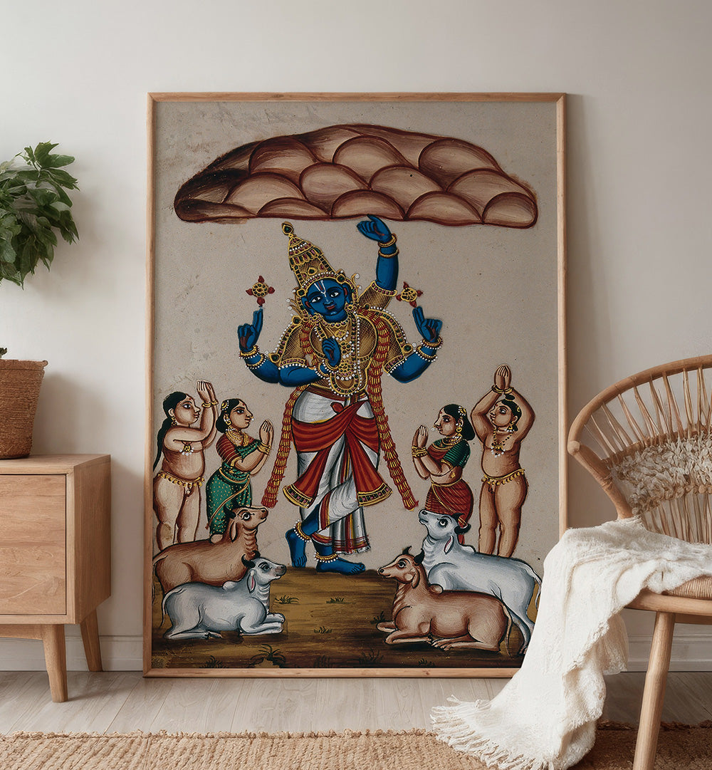 KRISHNA LIFTING MOUNT GOVARDHAN , INDIAN ART PAINTINGS