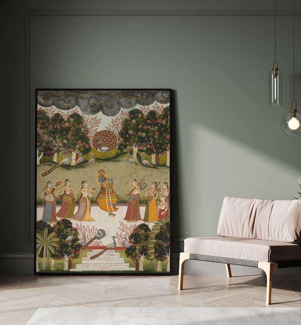 KRISHNA PLAYING THE FLUTE , INDIAN ART PAINTINGS