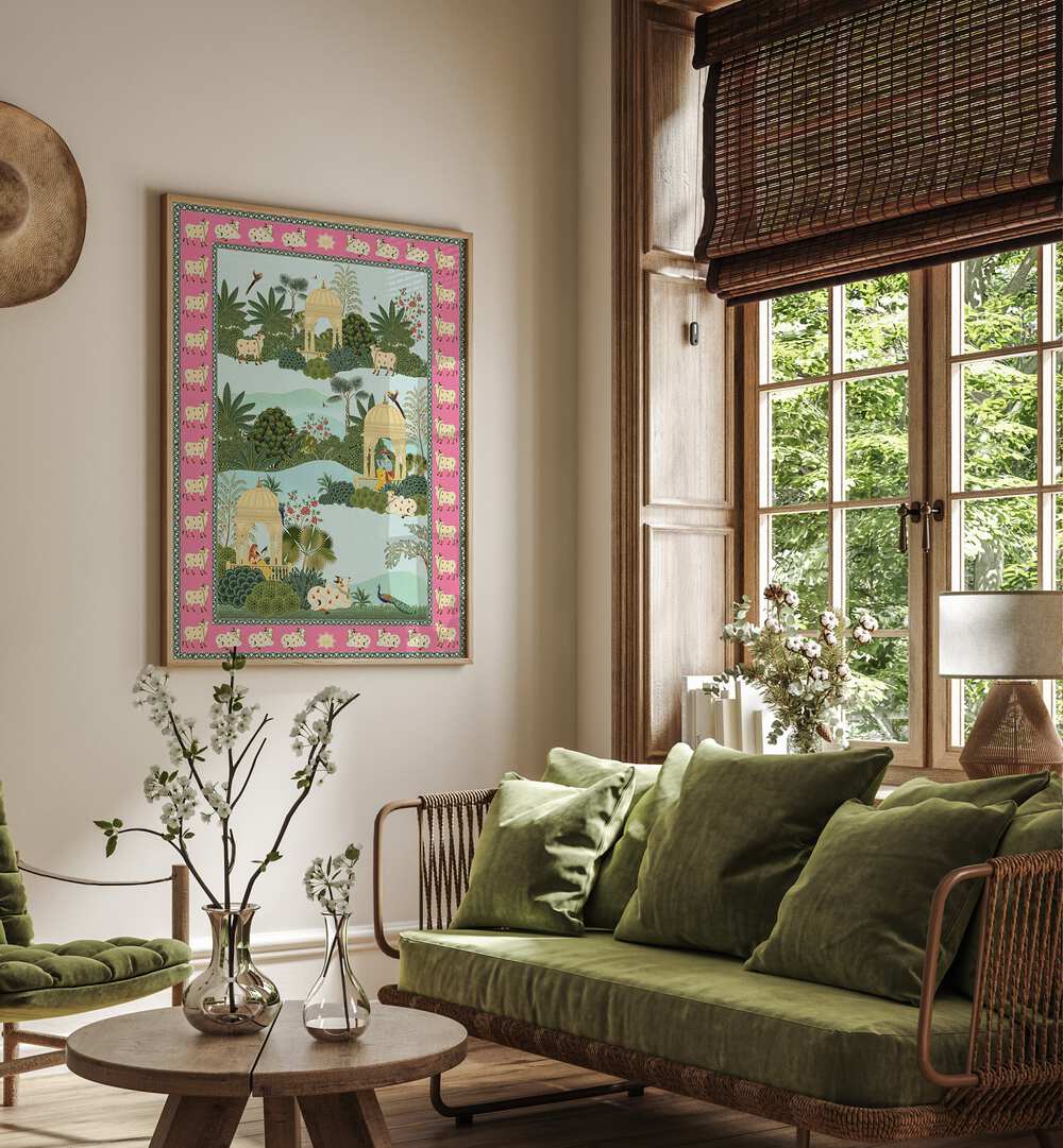 Krishna, Radha And Holy Cow Indian Art Painting Artwork in Oak Wood Plain Frame laced on a Beige Colored Wall Near a Green Sofa in the Living Room