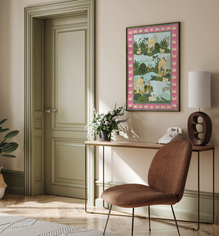 Krishna, Radha And Holy Cow Indian Art Painting Artwork in Black Plain Frame Placed on a Cream Colored Wall near a Console Table in the Drawing Room