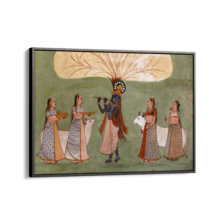 Krishna's Melody Flute And Gopi's Grace Indian art painting Artwork in Black Floater Frame