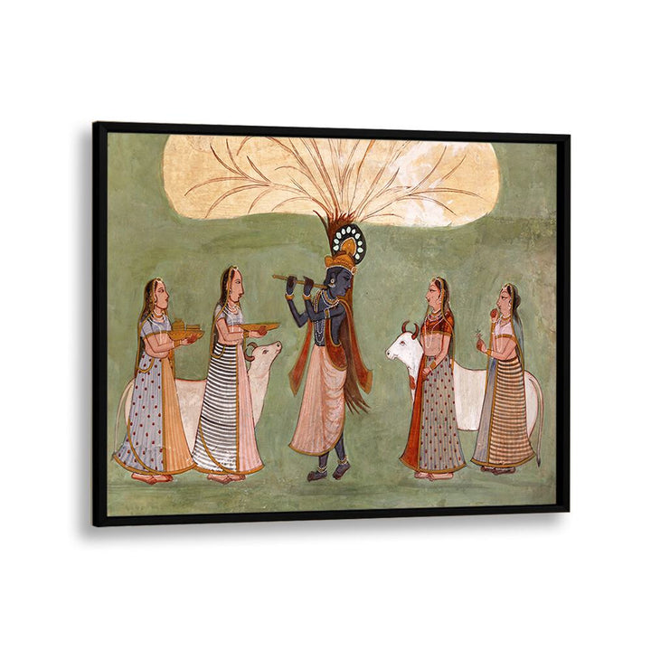 Krishna's Melody Flute And Gopi's Grace Indian art painting Artwork in Black Plain Frame