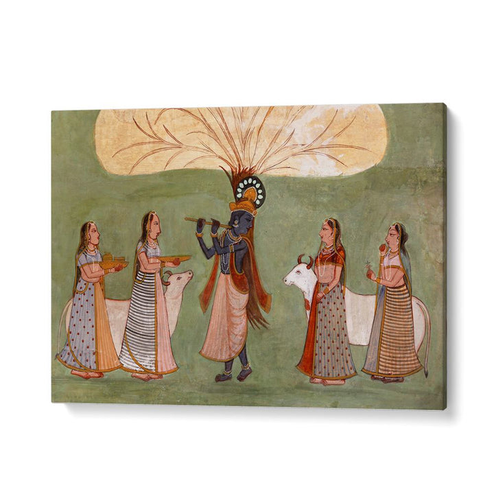 Krishna's Melody Flute And Gopi's Grace Indian art painting Artwork in Gallery Wrap