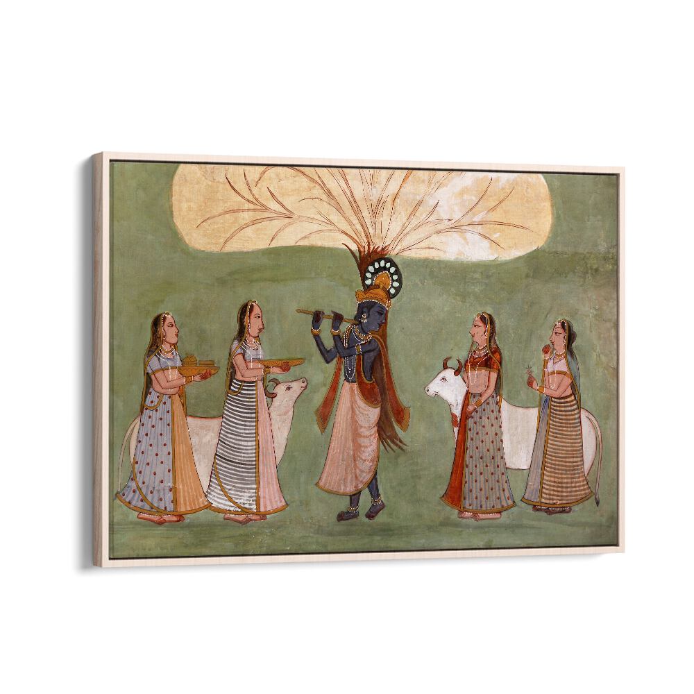 Krishna's Melody Flute And Gopi's Grace Indian art painting Artwork in Oak Wood Floater Frame