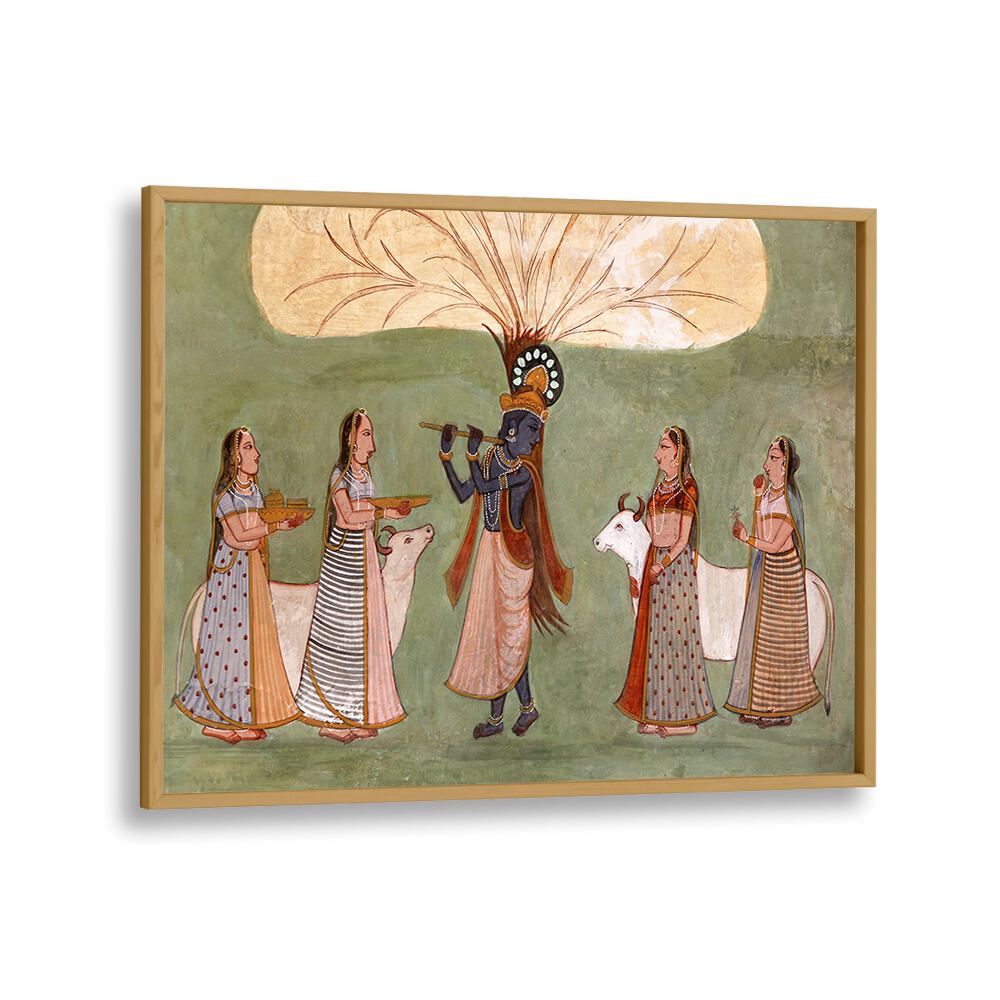 Krishna's Melody Flute And Gopi's Grace Indian art painting Artwork in Oak Wood Plain Frame