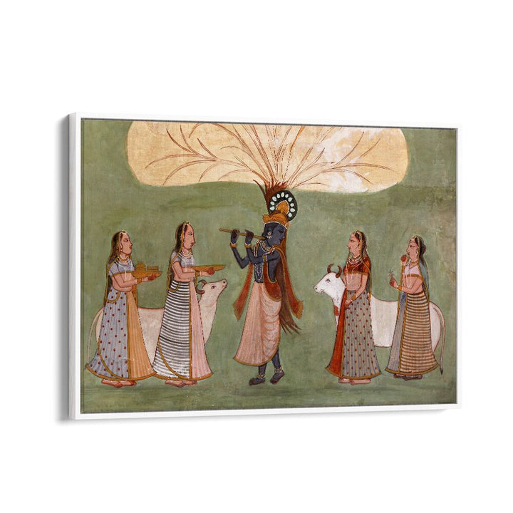 Krishna's Melody Flute And Gopi's Grace Indian art painting Artwork in White Floater Frame