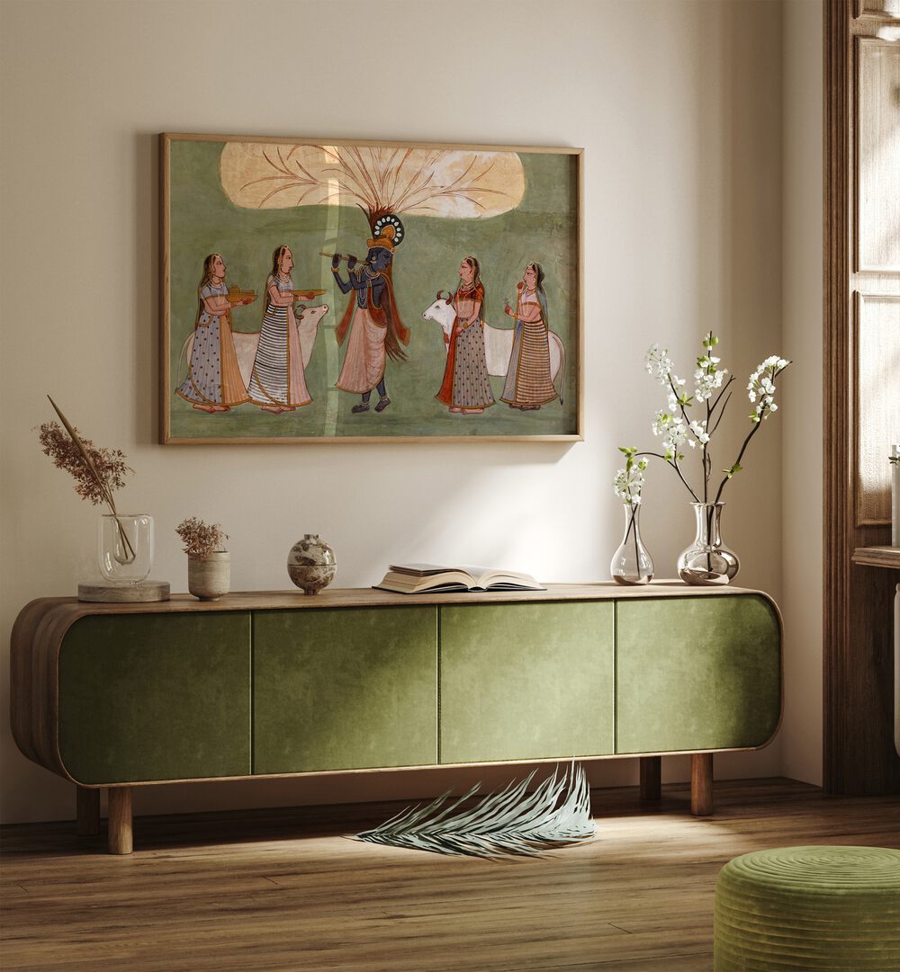 Krishna's Melody Flute And Gopi's Indian Art Painting Artwork in Oak Wood Plain Frame Placed on a Cream Colored Wall above a Green Wooden Console Table In the Drawing Room