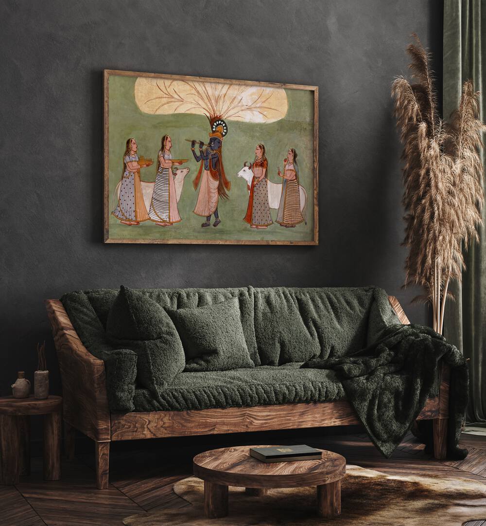 Krishna's Melody Flute And Gopi's Indian Art Painting Artwork in Oak Wood Plain Frame placed on a Dark Grey Stone Textured Wall behind a Sofa in the Living Room