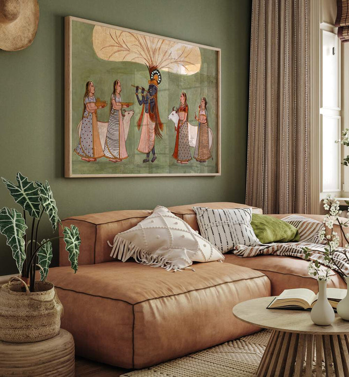 Krishna's Melody Flute And Gopi's Indian Art Painting Artwork in Oak Wood Plain Frame placed on a Green Colored Wall near a Brown Sofa in the Living Room