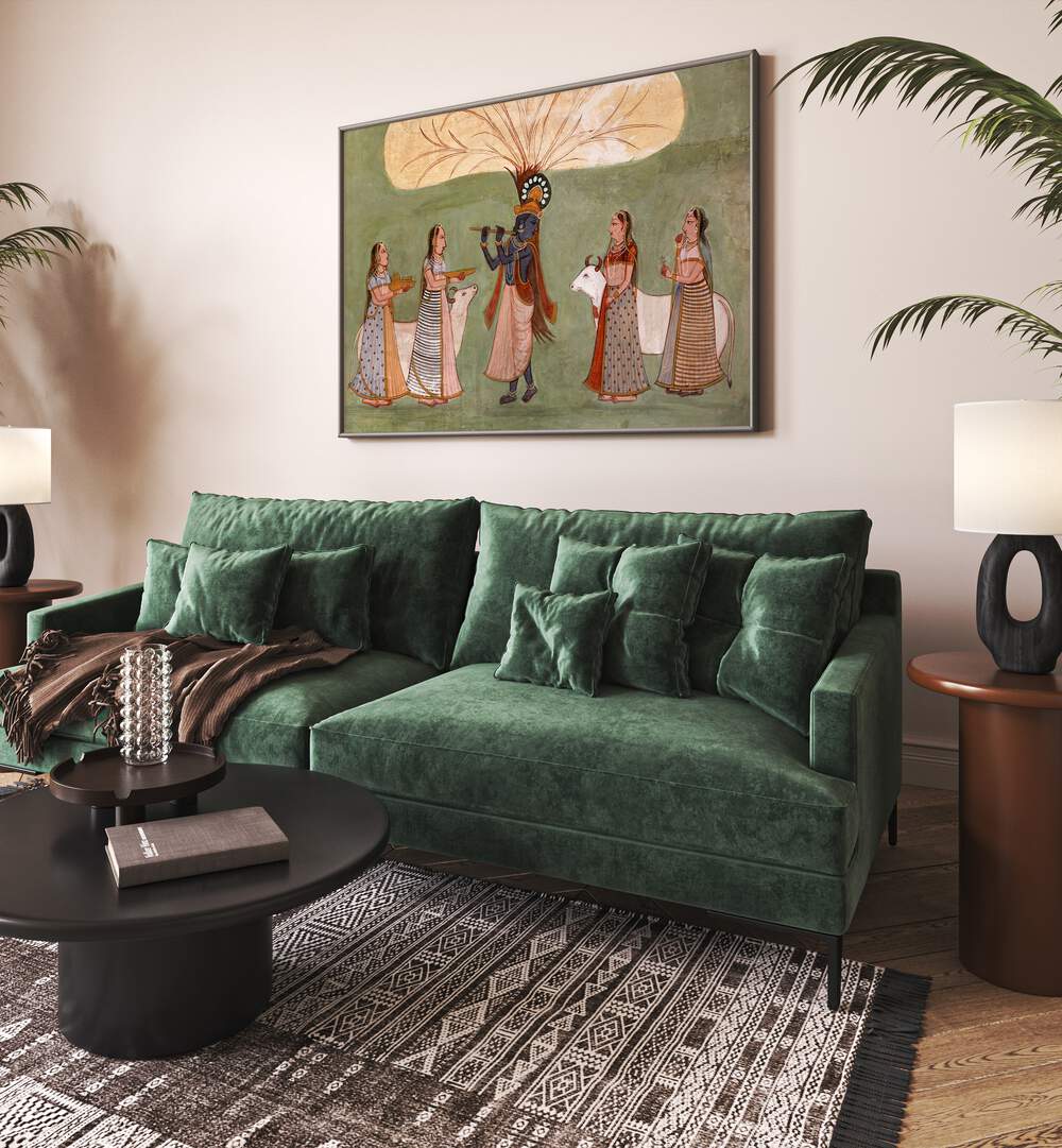 Krishna's Melody Flute And Gopi's Indian Art Painting Artwork in Black Plain Frame placed on a Cream Colored Wall behind a Green Sofa in the Living Room