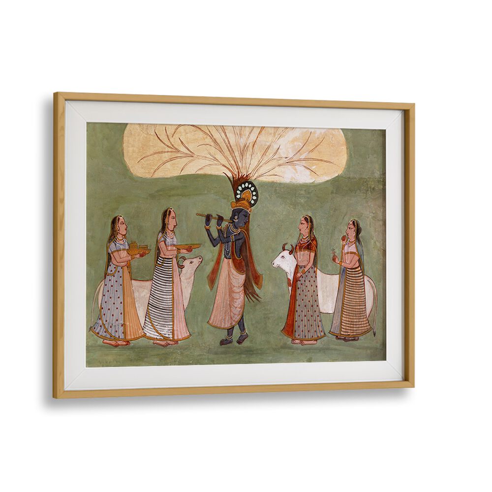 Krishna's Melody Flute And Gopi's Indian Art Painting Artwork in Oak Wood Frame With Mount