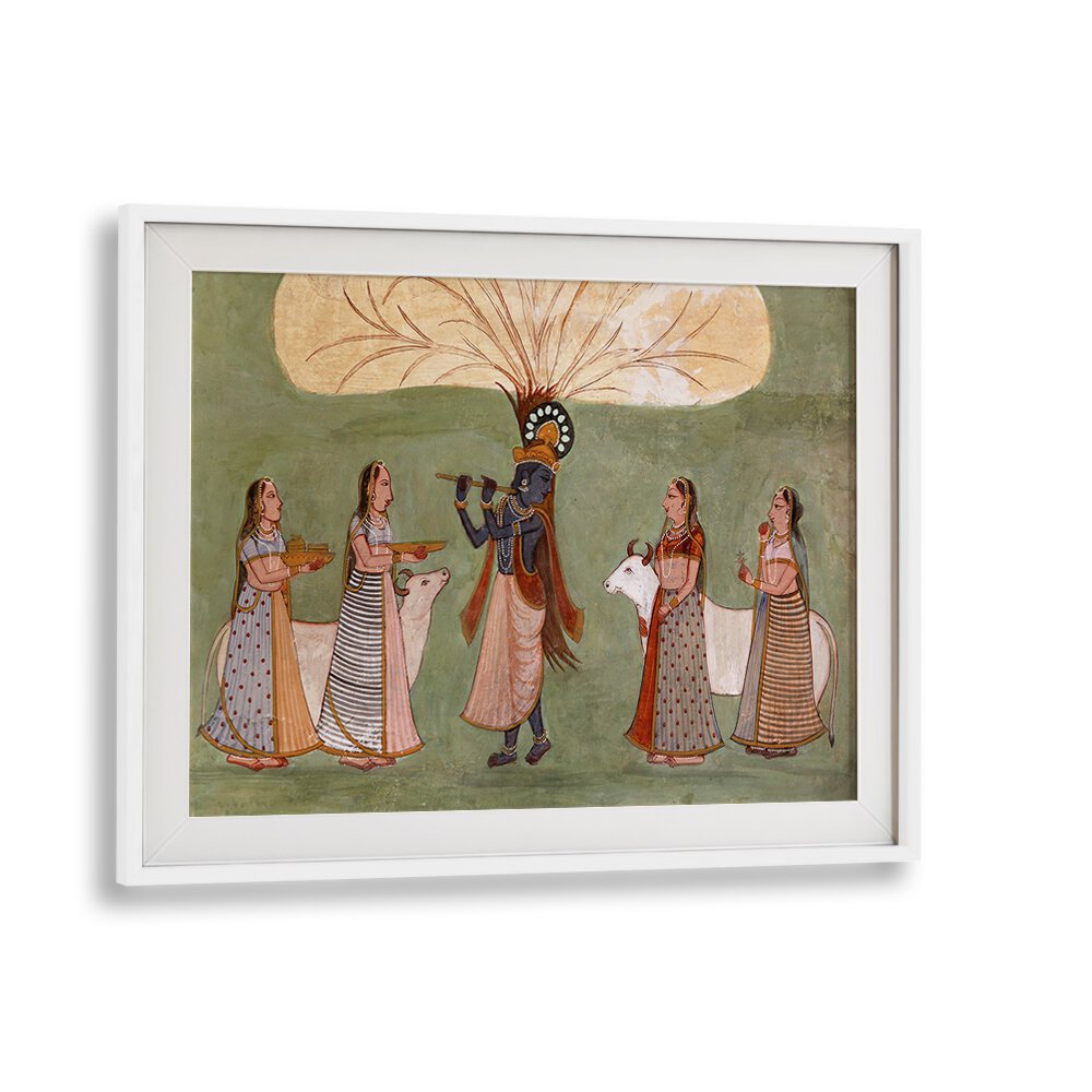 Krishna's Melody Flute And Gopi's Indian Art Painting Artwork in White Frame With Mount