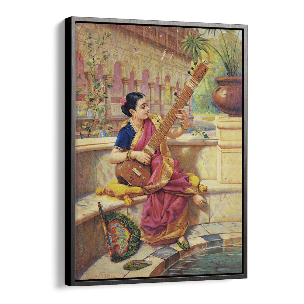 Kadambari Playing Sitar By Raja Ravi Varma Indian Paintings in Black Floater Frame